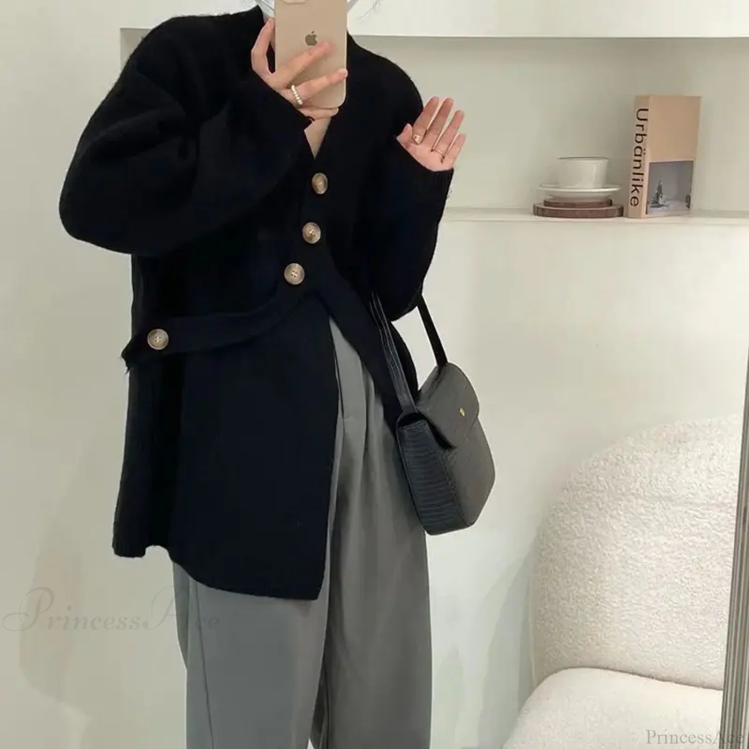 V-Neck Solid Simplicity Office Lady Autumn Knit Cardigan Black / S cardiagn-250126