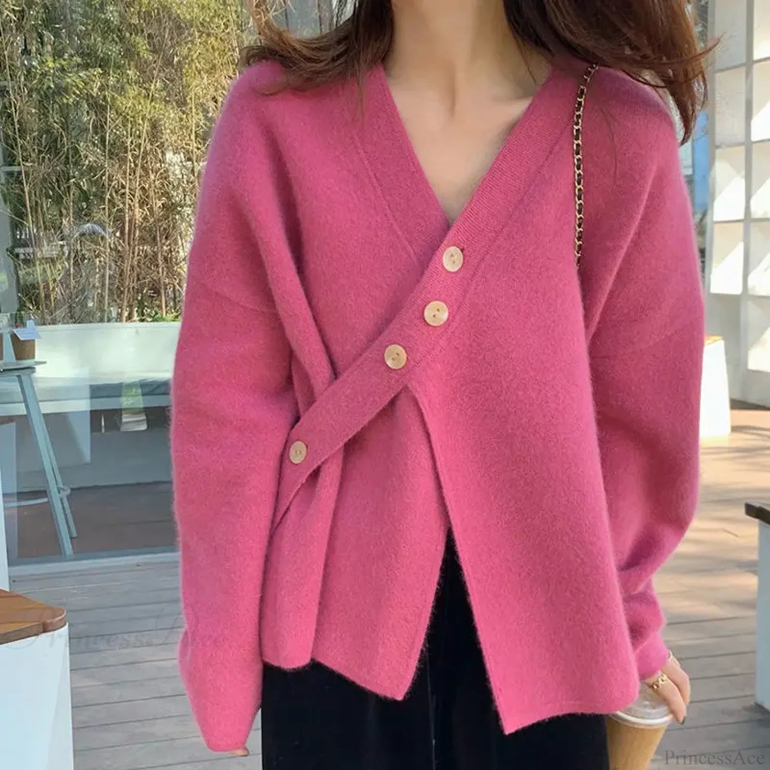 V-Neck Solid Simplicity Office Lady Autumn Knit Cardigan Pink / S cardiagn-250126