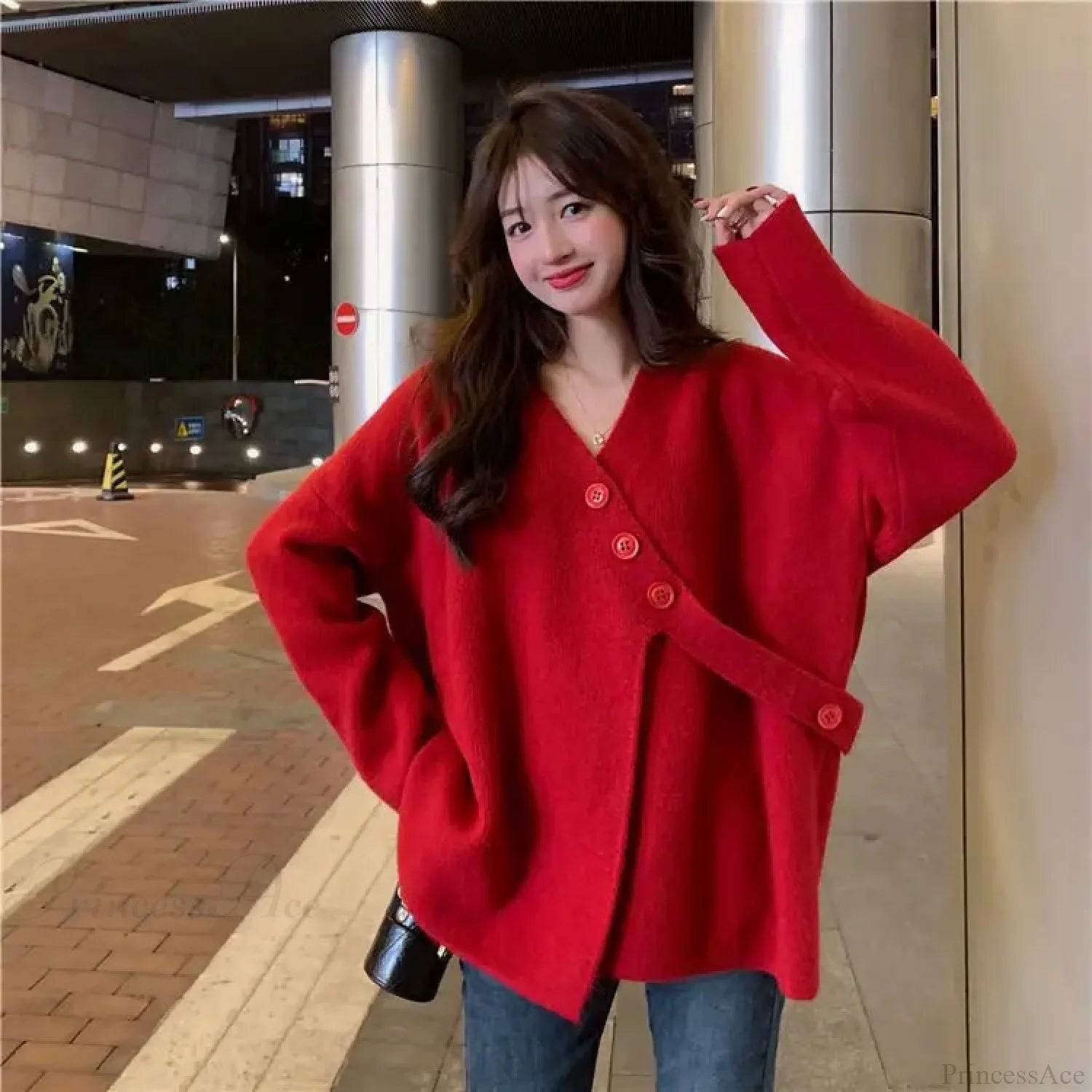 V-Neck Solid Simplicity Office Lady Autumn Knit Cardigan Red / S cardiagn-250126