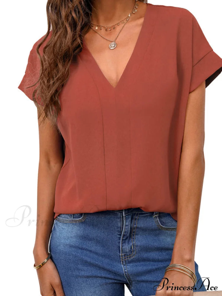 V-Neck Solid Sleeve T-Shirt For Short Women