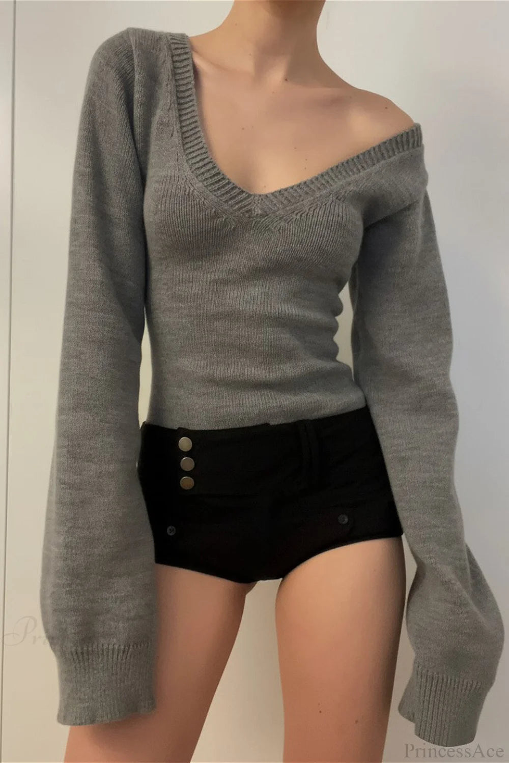 V Neck Solid Slim Sexy Knit Sweater Grey / S