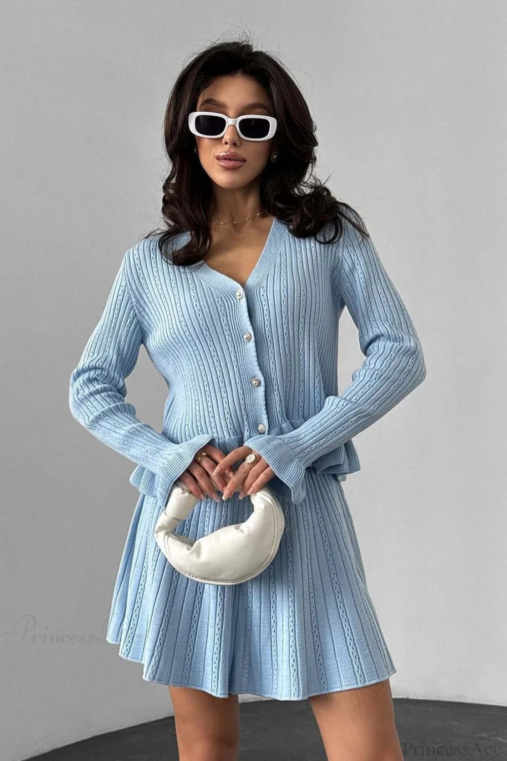 V-Neck Sparkle Ruffled Waist-Cinched Knit Chic Two Piece Set Blue / S