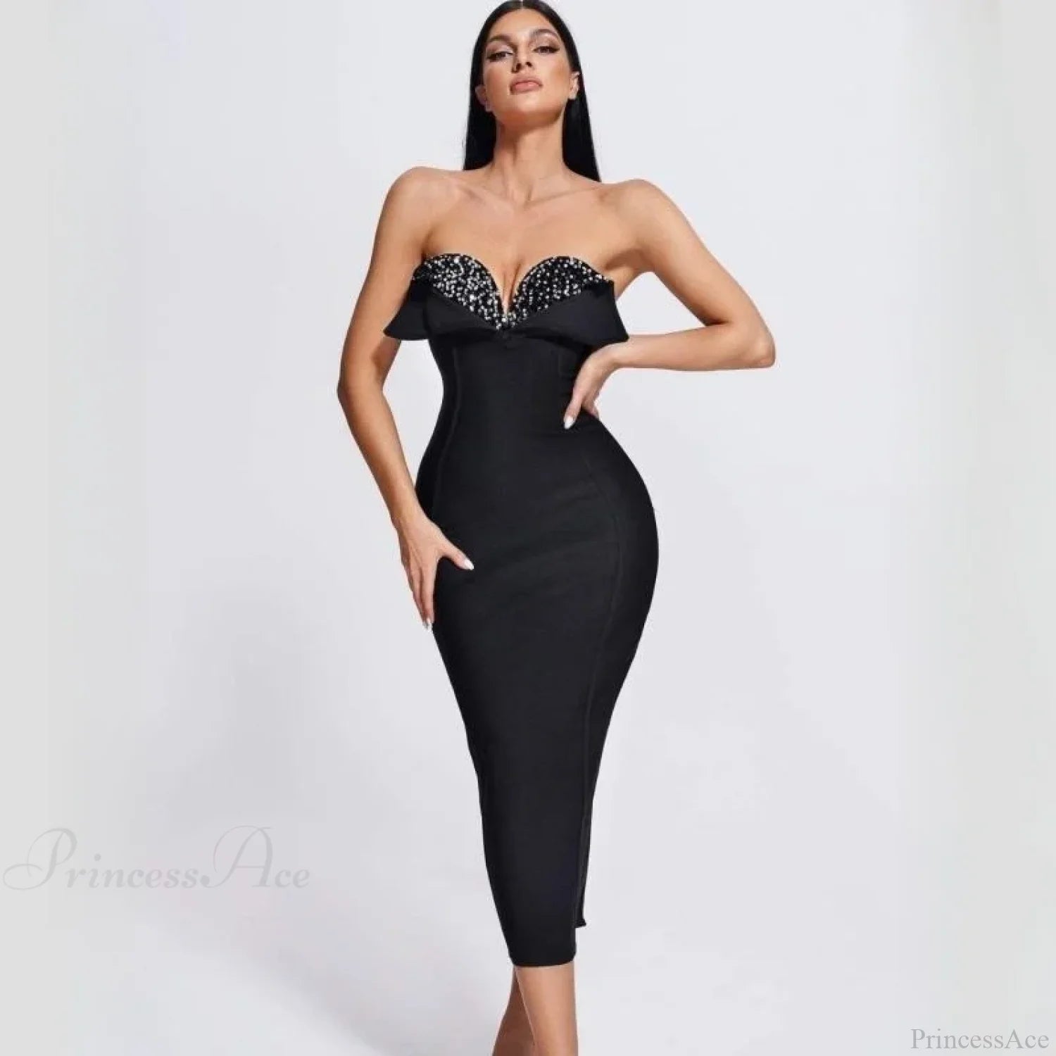 V-Neck Strapless Black Party Dress Partydress-241208