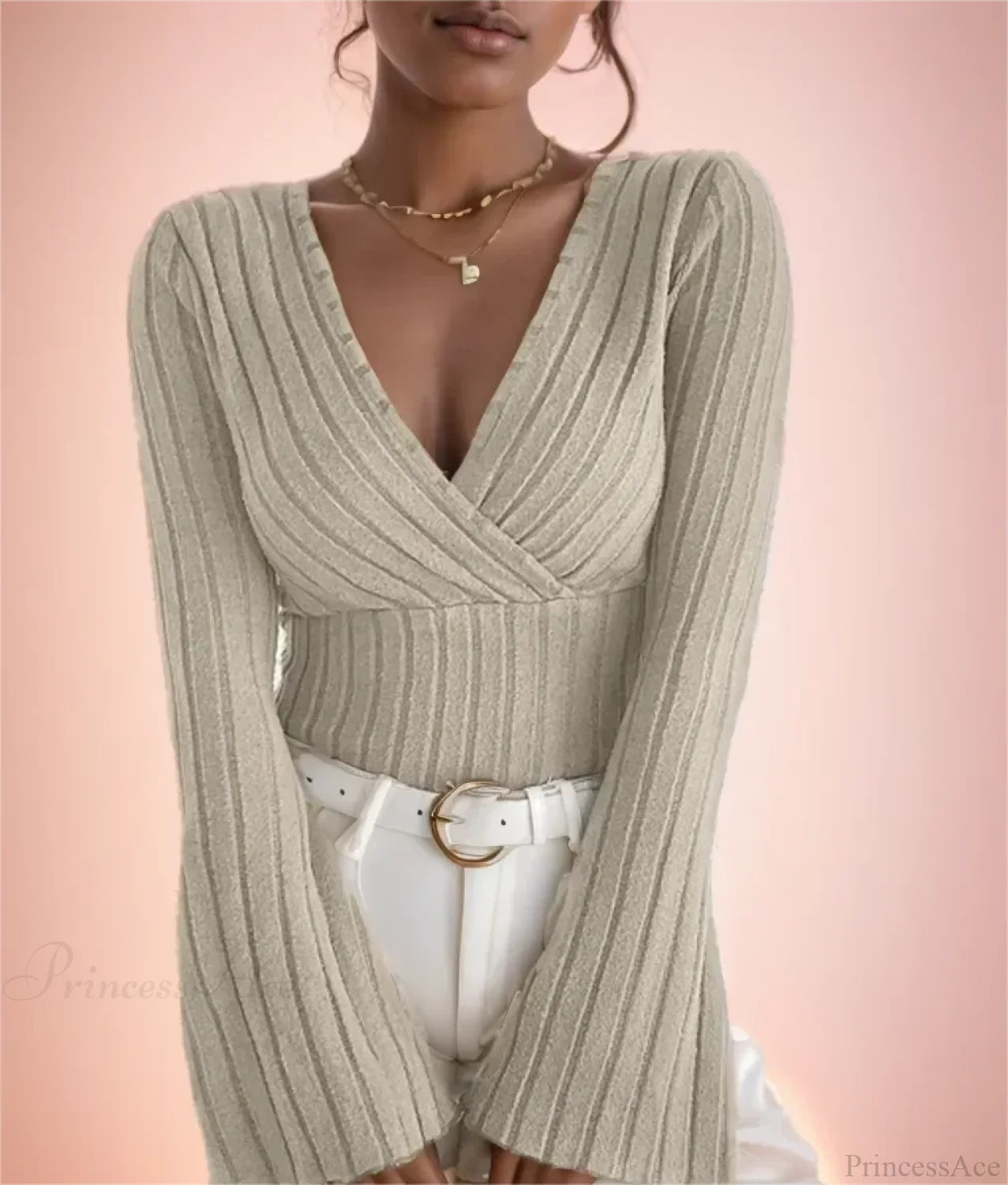 V-neck Striped Long Sleeve Knit Sweater
