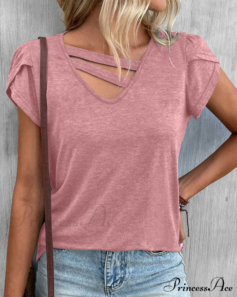 Plain V-neck T-shirt Pink 23BF clothes Short Sleeve Tops Spring Summer T-shirts Tops/Blouses
