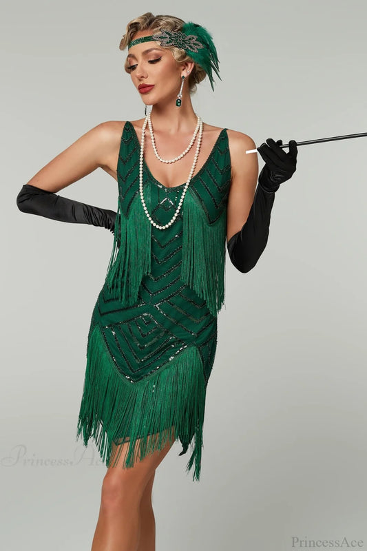 V-Neck Tassel Sequin Party Dress Green / S