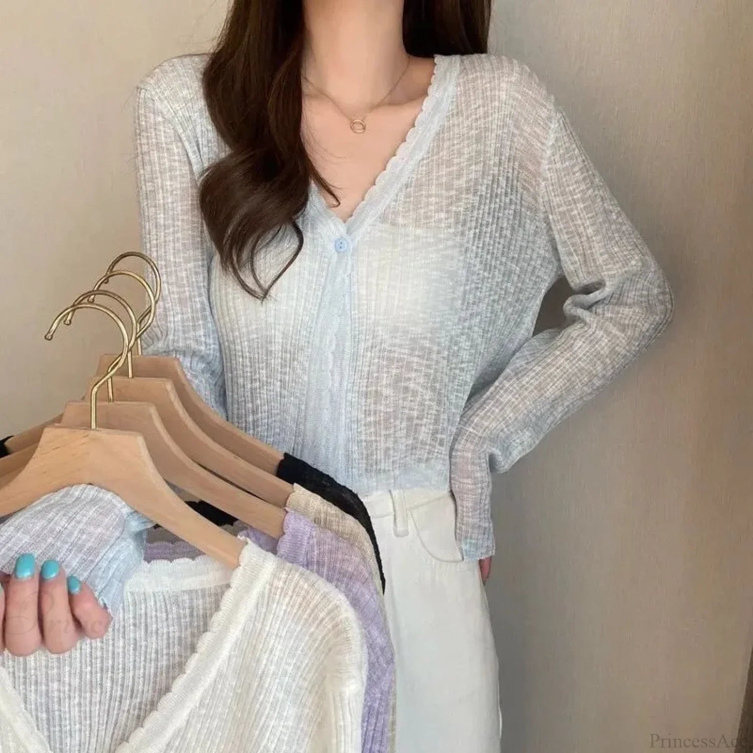 V-Neck Thin Sunscreen Korean Style Knit Summer Cardigan Blue / One Size cardiagn-250126