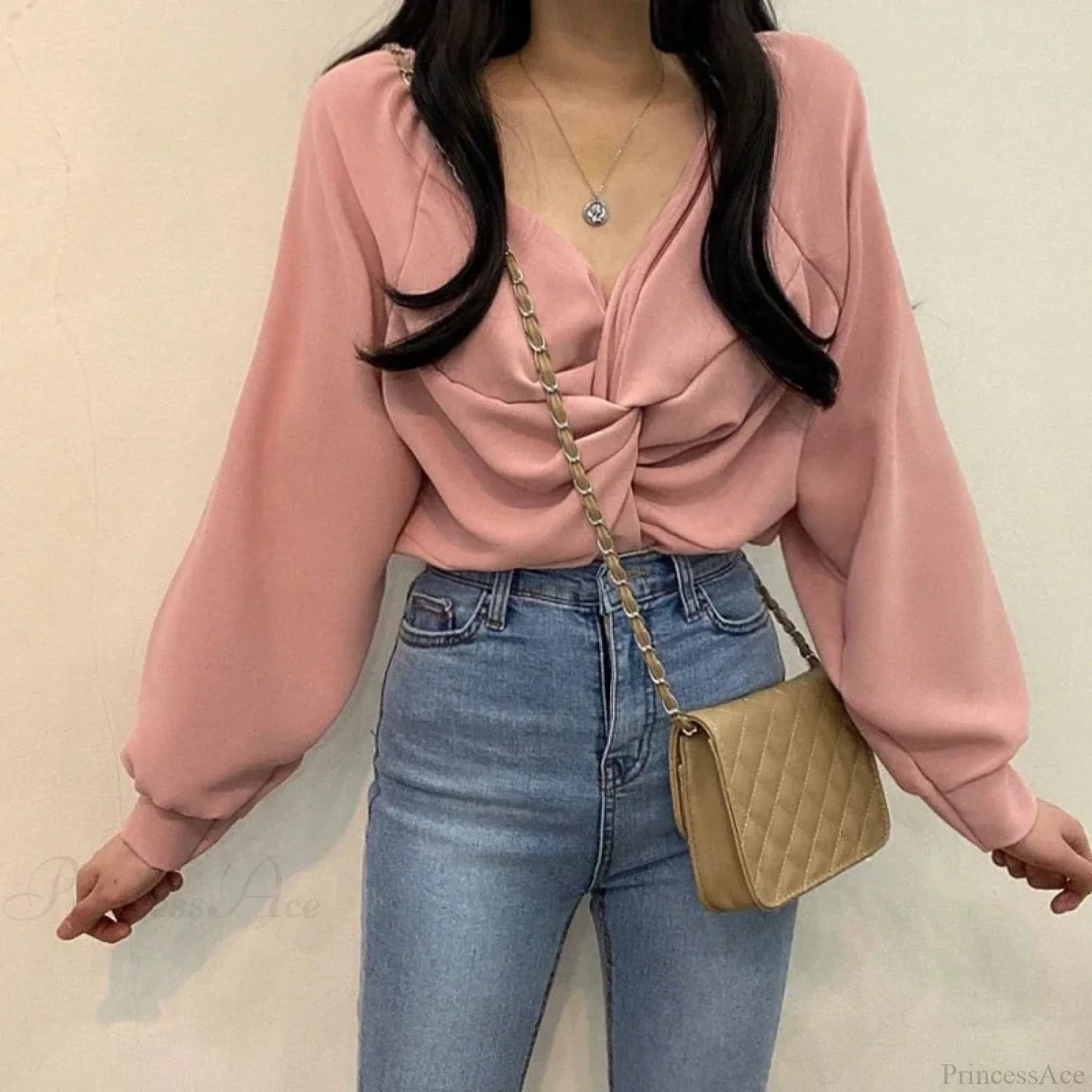 V-neck Twisted Lantern Sleeve Solid Casual Blouse blouse-250126