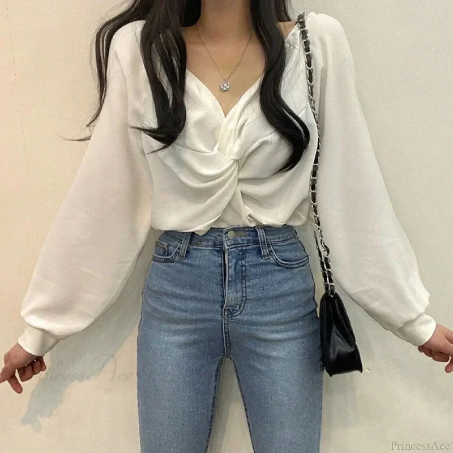 V-neck Twisted Lantern Sleeve Solid Casual Blouse blouse-250126