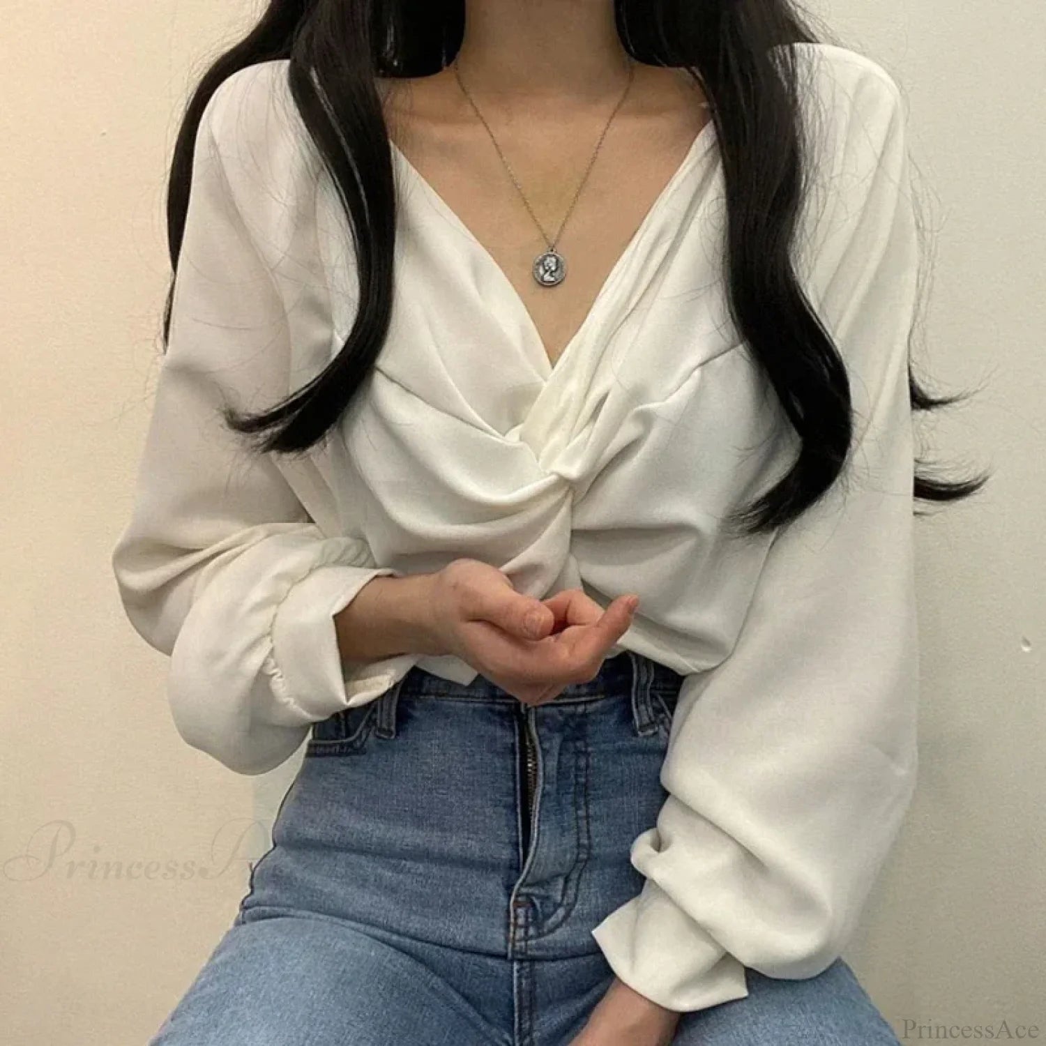 V-neck Twisted Lantern Sleeve Solid Casual Blouse blouse-250126