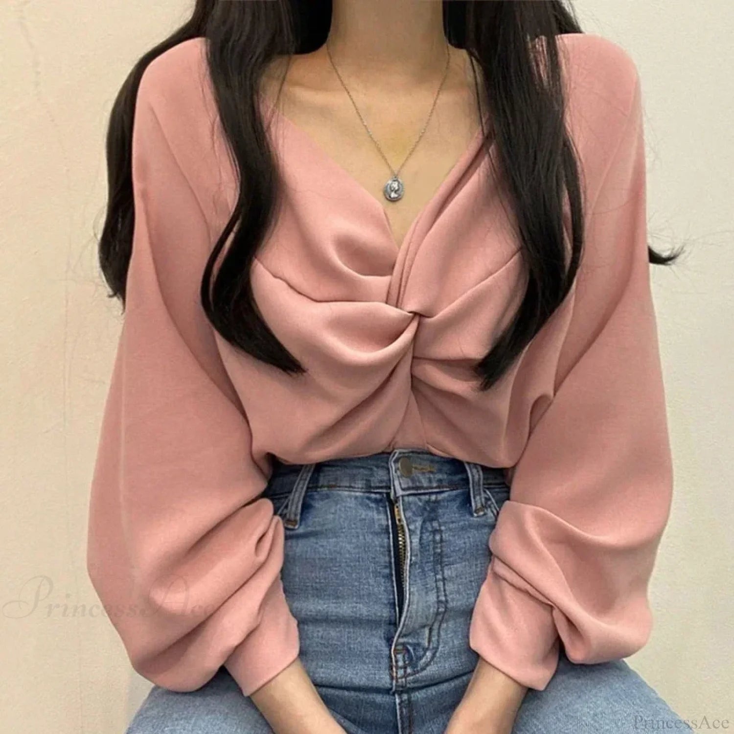 V-neck Twisted Lantern Sleeve Solid Casual Blouse blouse-250126