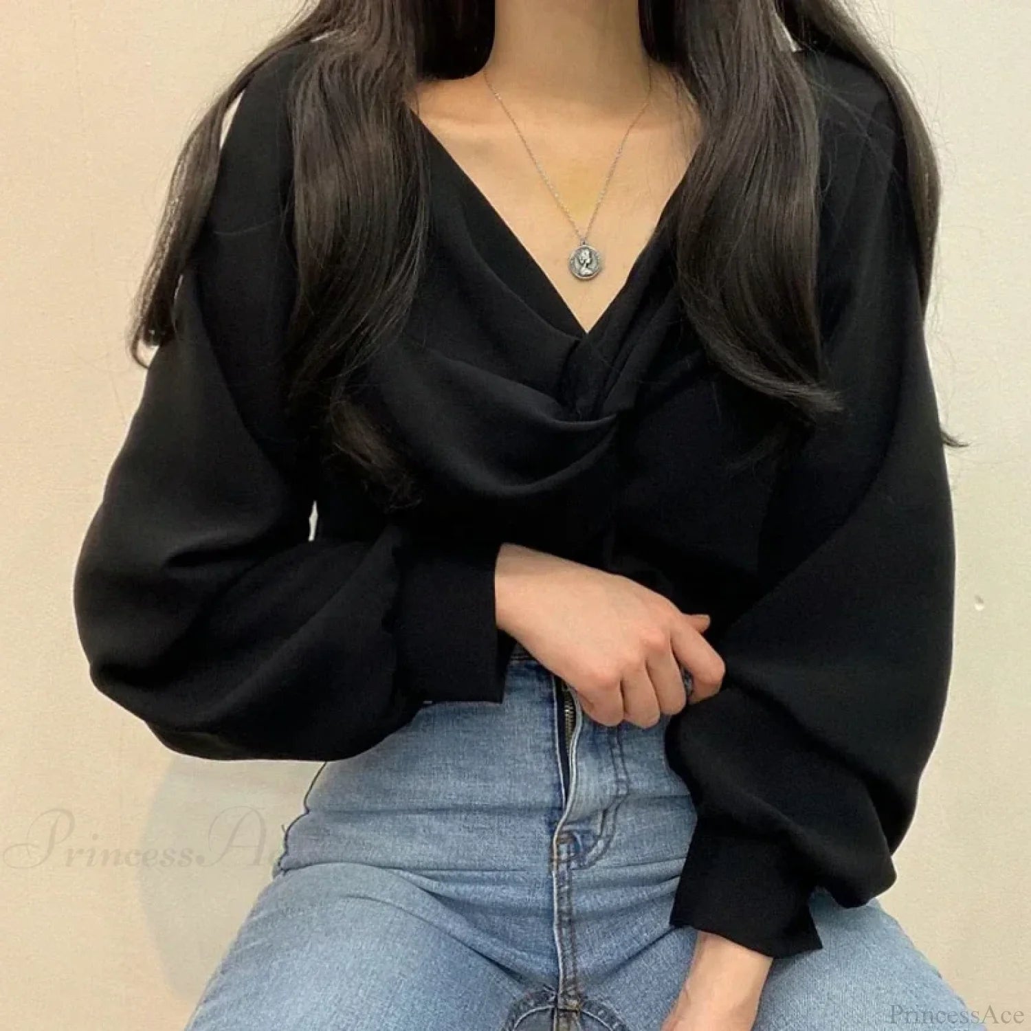 V-neck Twisted Lantern Sleeve Solid Casual Blouse blouse-250126