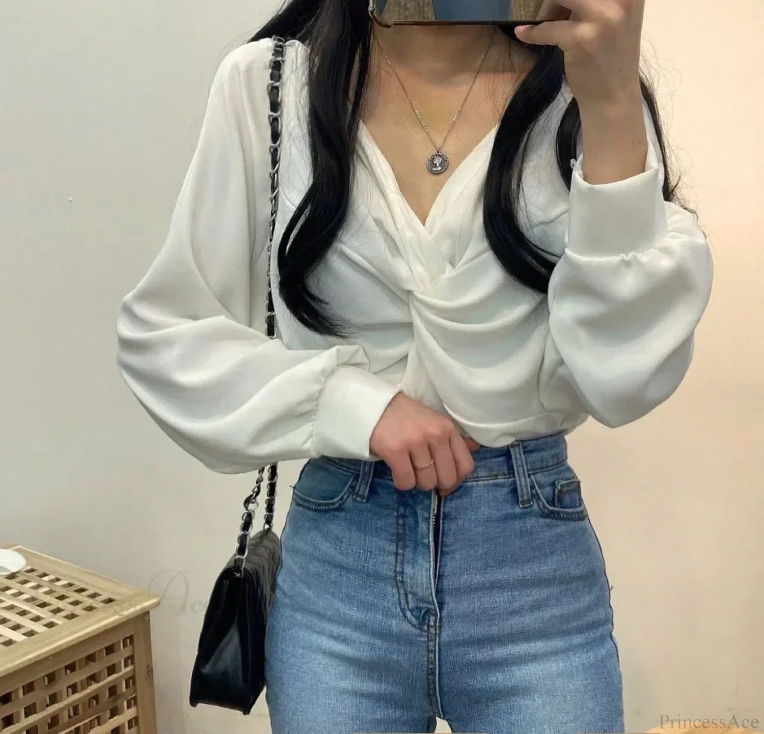 V-neck Twisted Lantern Sleeve Solid Casual Blouse WHITE / One Size blouse-250126