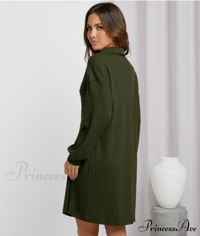 V-Neck Waffle Shirt Skirt Loose Dress L / Black