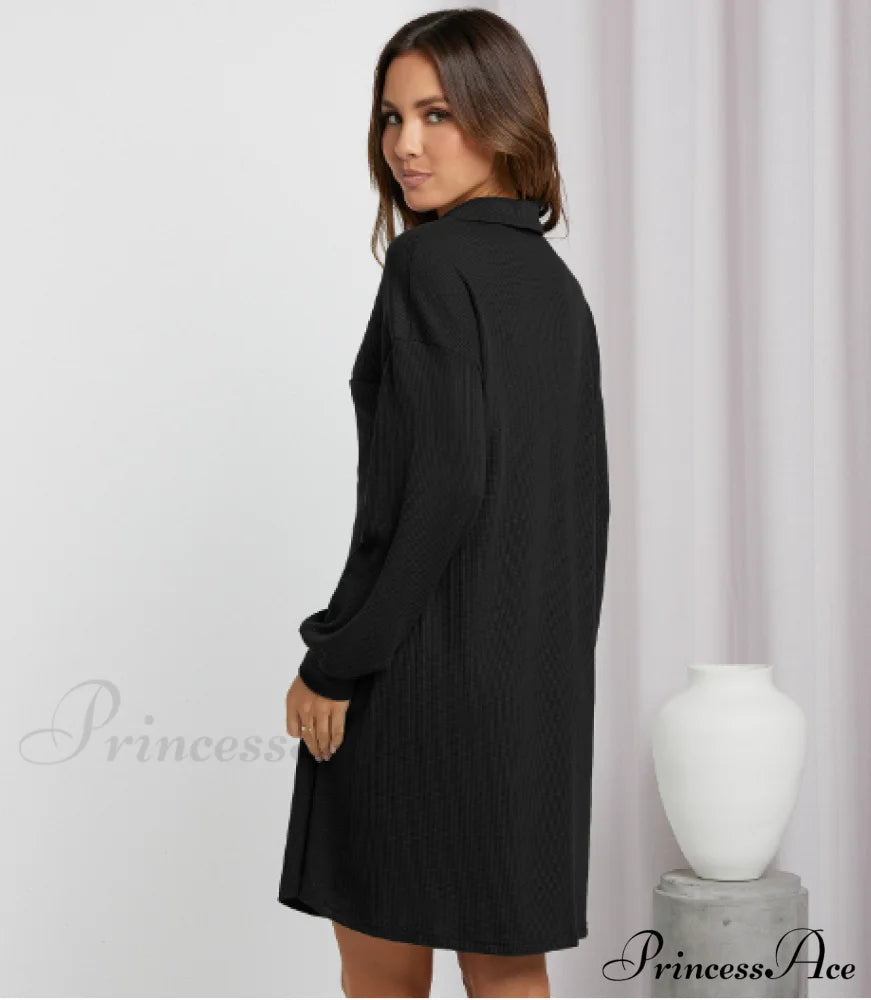 V-Neck Waffle Shirt Skirt Loose Dress M / Black