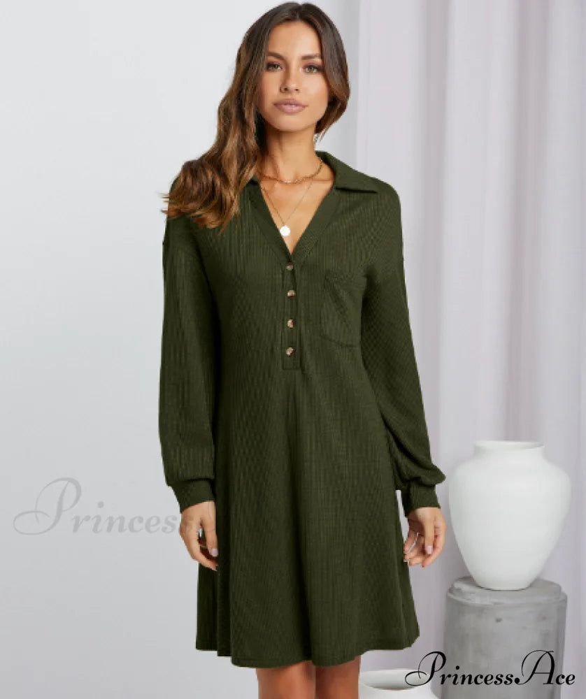 V-Neck Waffle Shirt Skirt Loose Dress M / Military Green