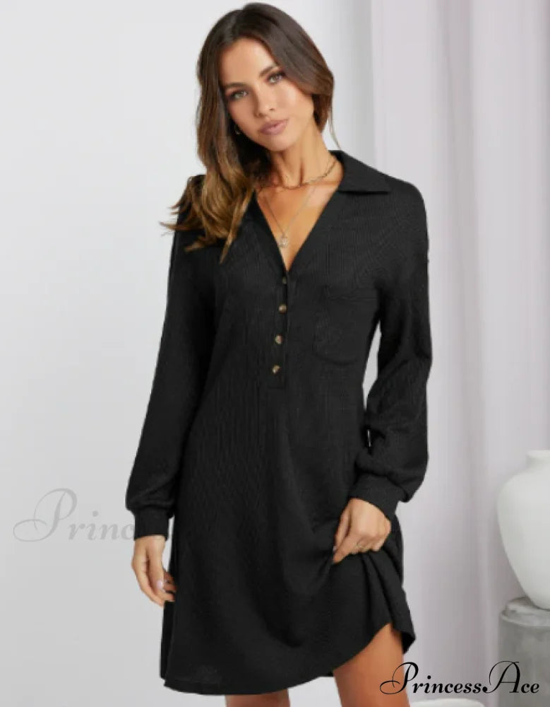 V-Neck Waffle Shirt Skirt Loose Dress S / Black