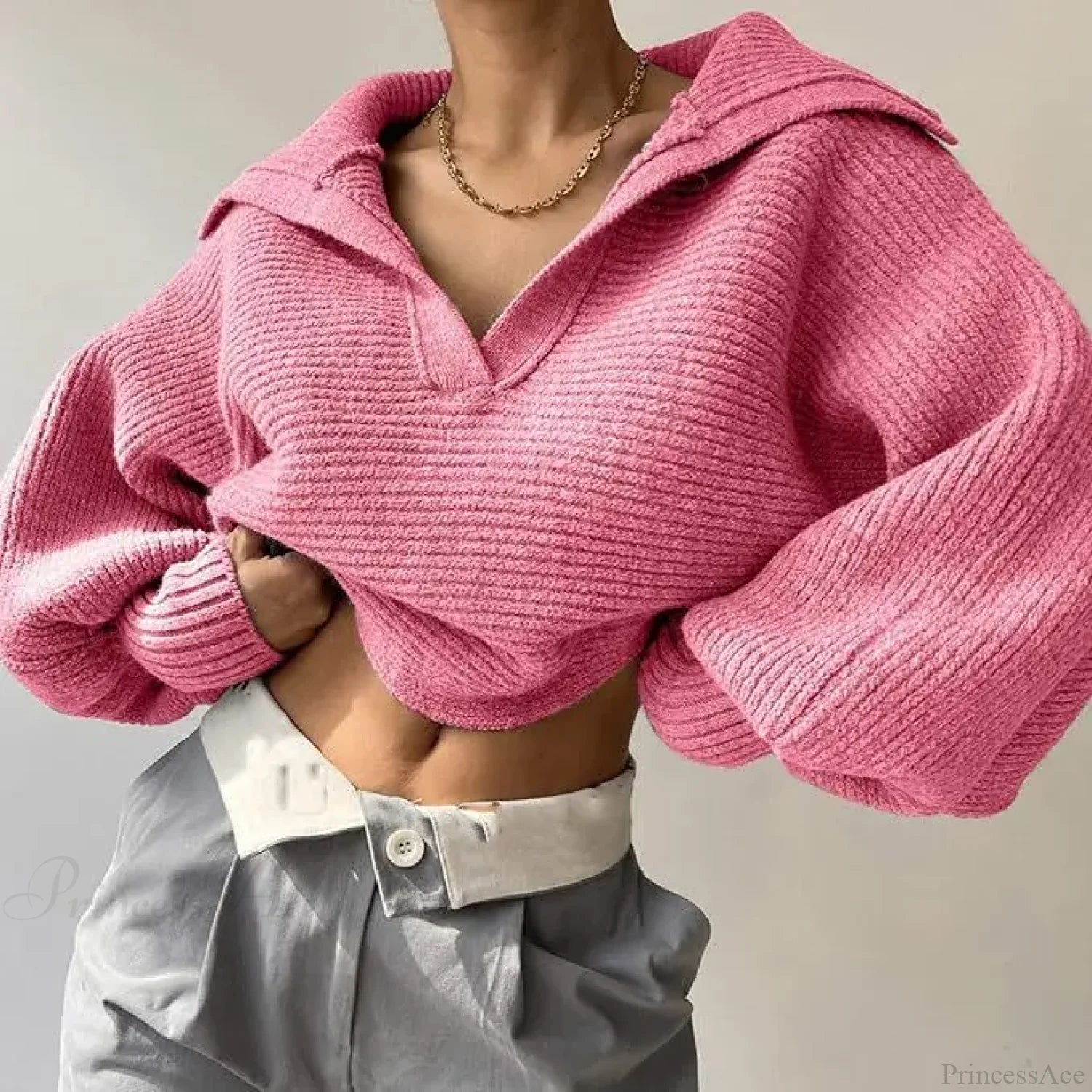 V-neck Warm White Sweater Pink / S