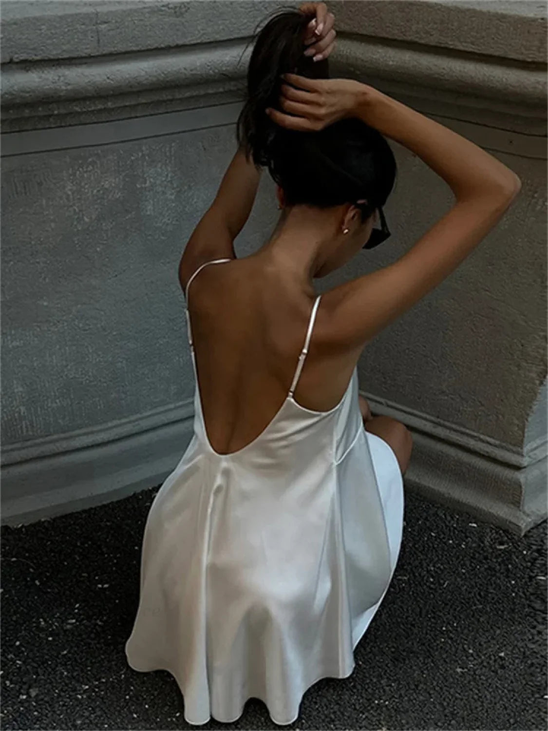 V-Neck White Spaghetti Mini Dress minidress-250223