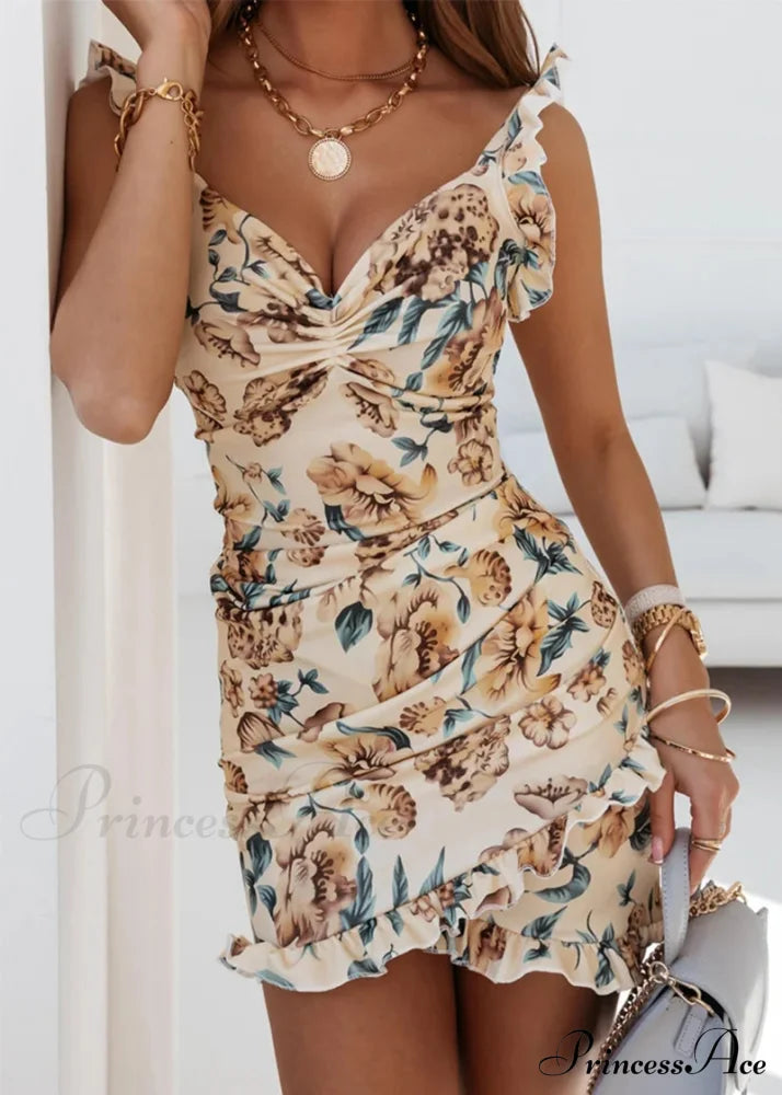 V Neck Women’s Ruffles Warm-Season Sleeveless Dress S / White Dresses