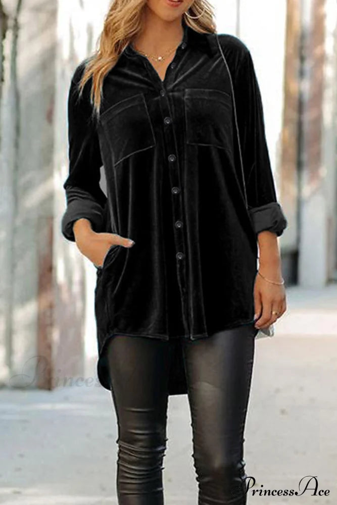Velvet Blouse With Pockets Black / L Blouses