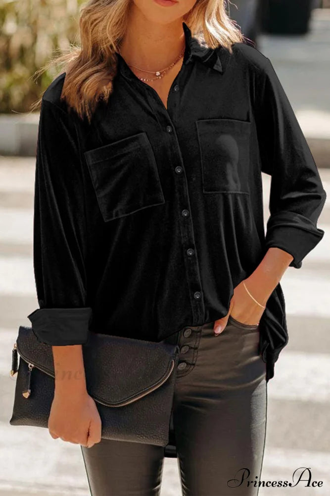 Velvet Blouse With Pockets Black / S Blouses