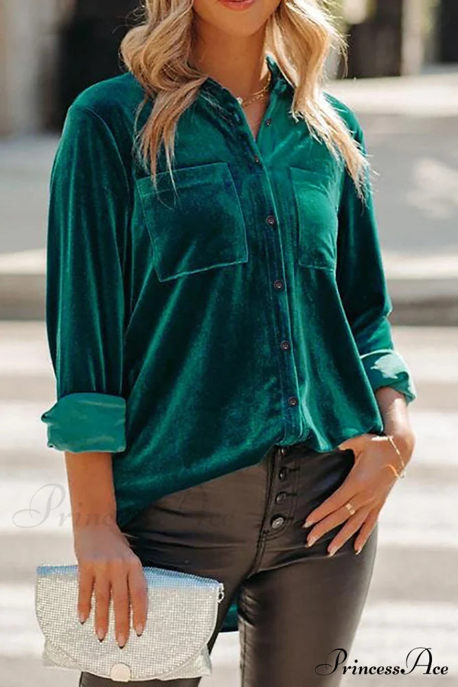 Velvet Blouse With Pockets Peacock Blue / S Blouses