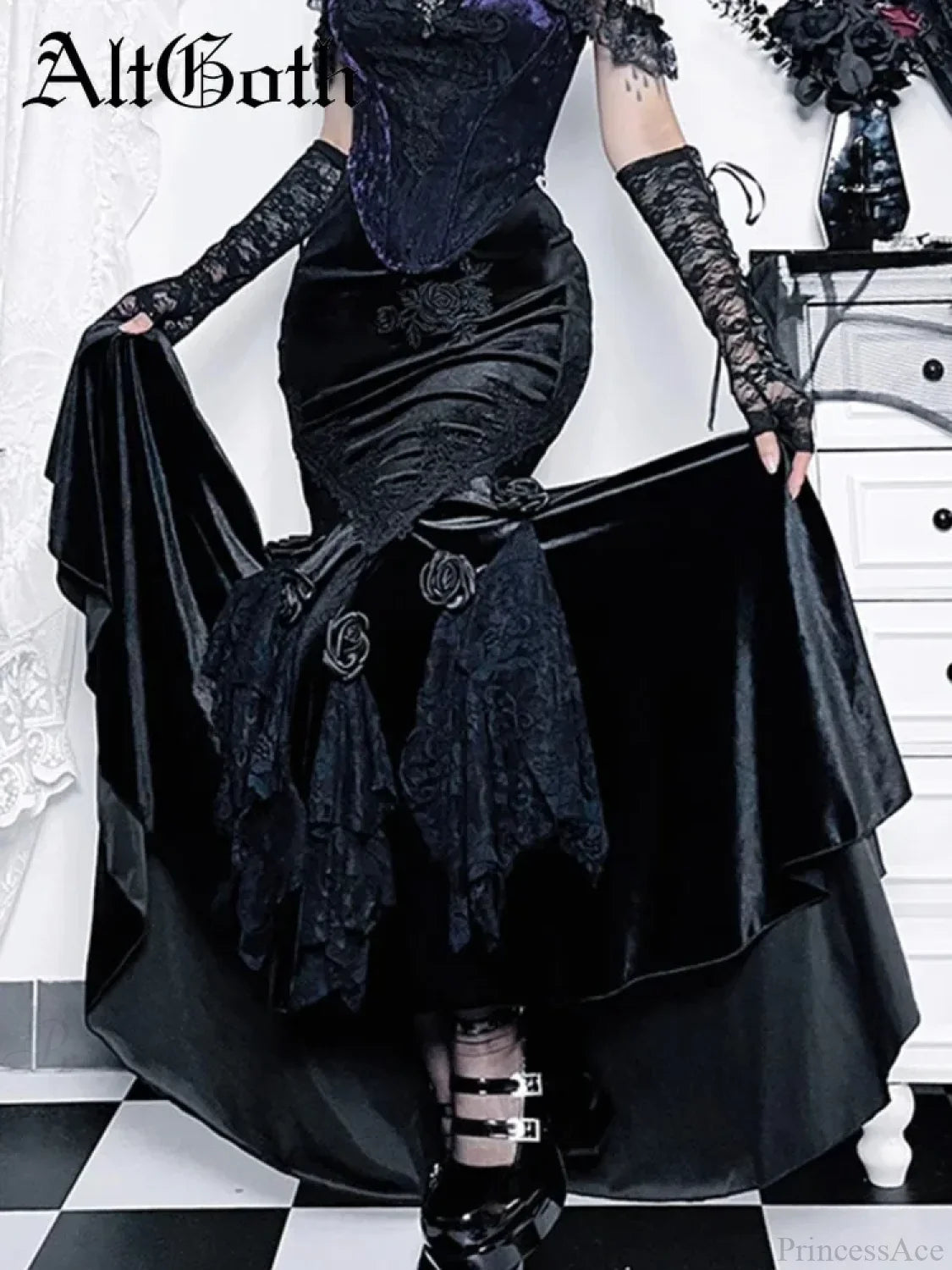 Velvet Lace Patchwork Trumpet Skirt black4 / S