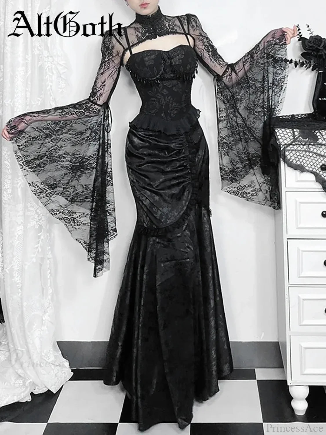 Velvet Lace Patchwork Trumpet Skirt black5 / S