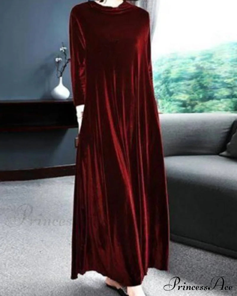 Long sleeve velvet dress Burgundy 2022 F/W 23BF Casual Dresses Clothes Dresses
