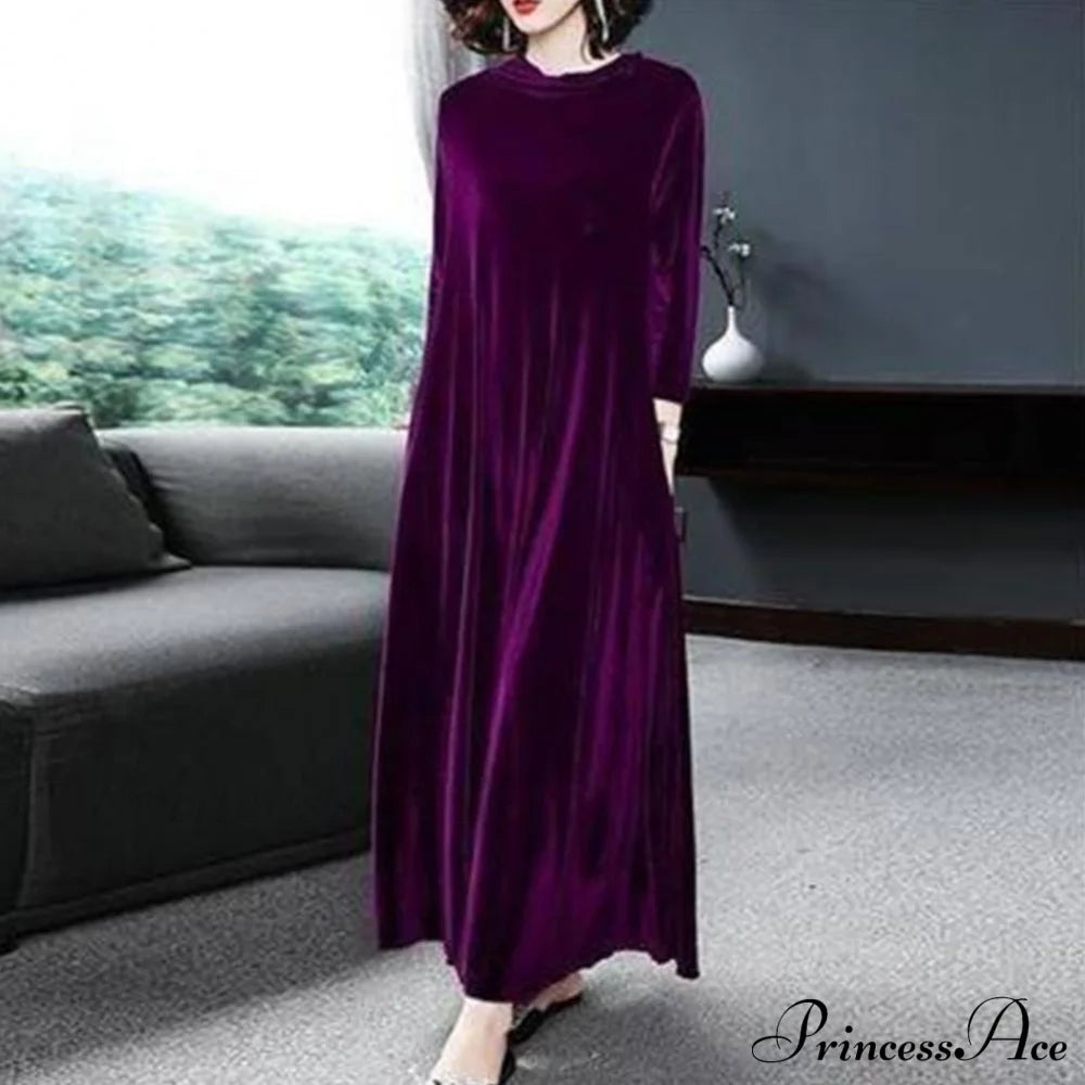 Long sleeve velvet dress Purple M 2022 F/W 23BF Casual Dresses Clothes Dresses