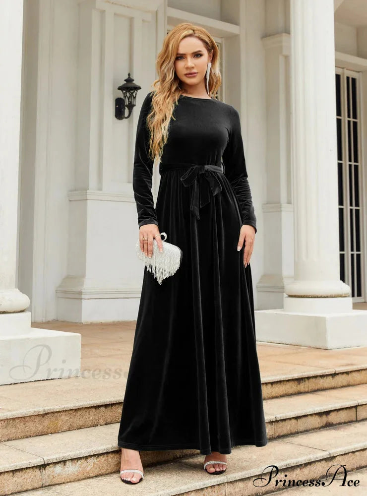 Velvet Long Sleeve Dress - Solid Color S / Brown