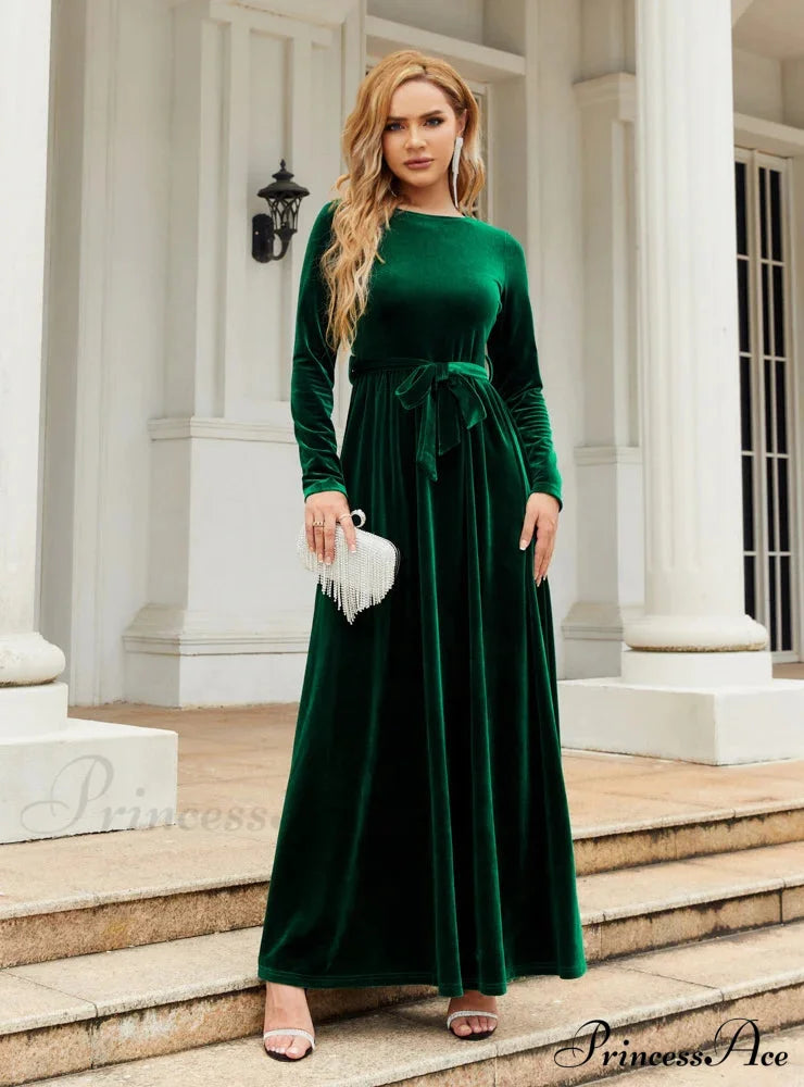 Velvet Long Sleeve Dress - Solid Color S / Green