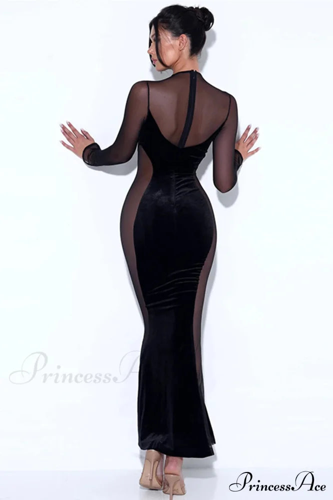 Velvet Mesh Patchwork Maxi Dress Black / L Dresses