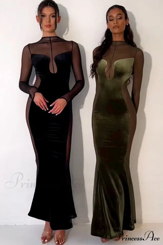 Velvet Mesh Patchwork Maxi Dress Dresses