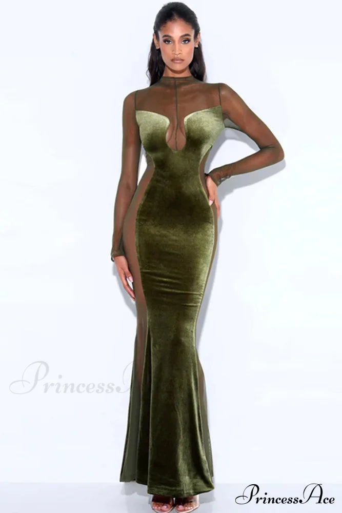 Velvet Mesh Patchwork Maxi Dress Green / S Dresses