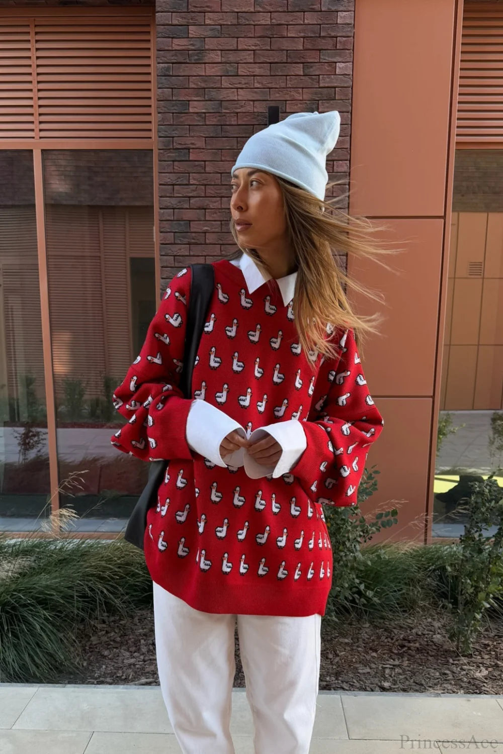 Versatile Color Block Jacquard Red Knitted Blouse Red / S