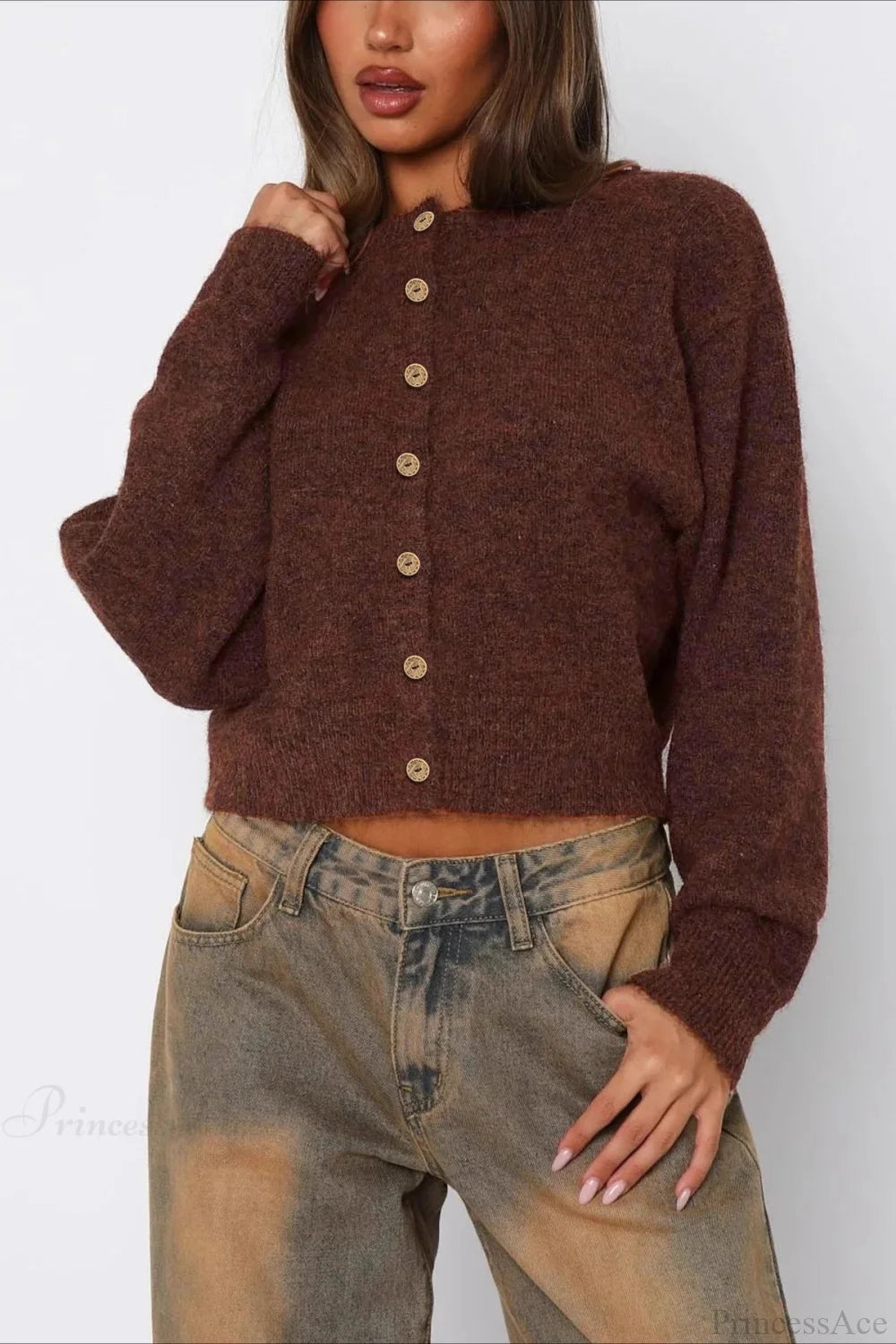 Versatile Crewneck Long Sleeve Button Sweater