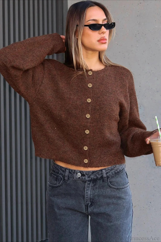 Versatile Crewneck Long Sleeve Button Sweater Brown / S
