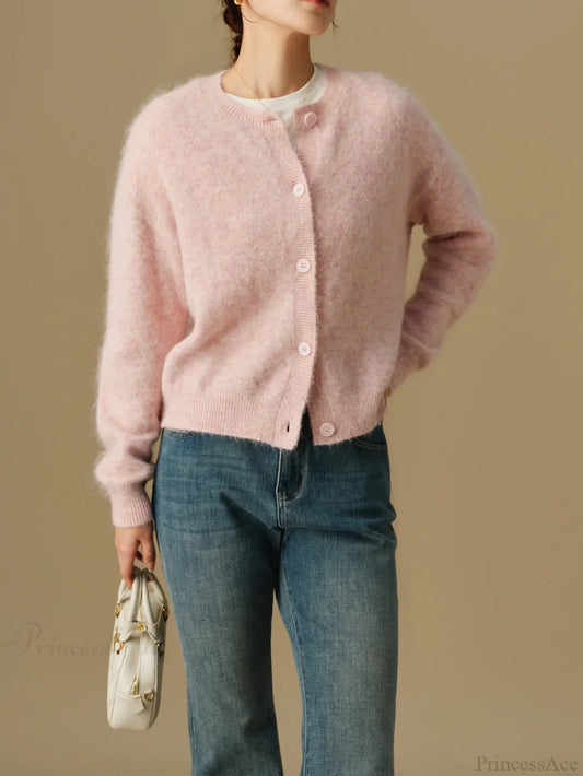 Versatile Round Neck Winter Knitted Cardigan for Women Pink / M cardiagn-250126
