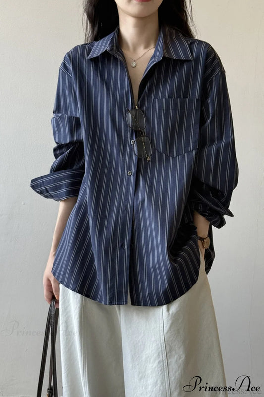 Vertical Stripe Long-Sleeve Cotton Loose Blouse Blue / M