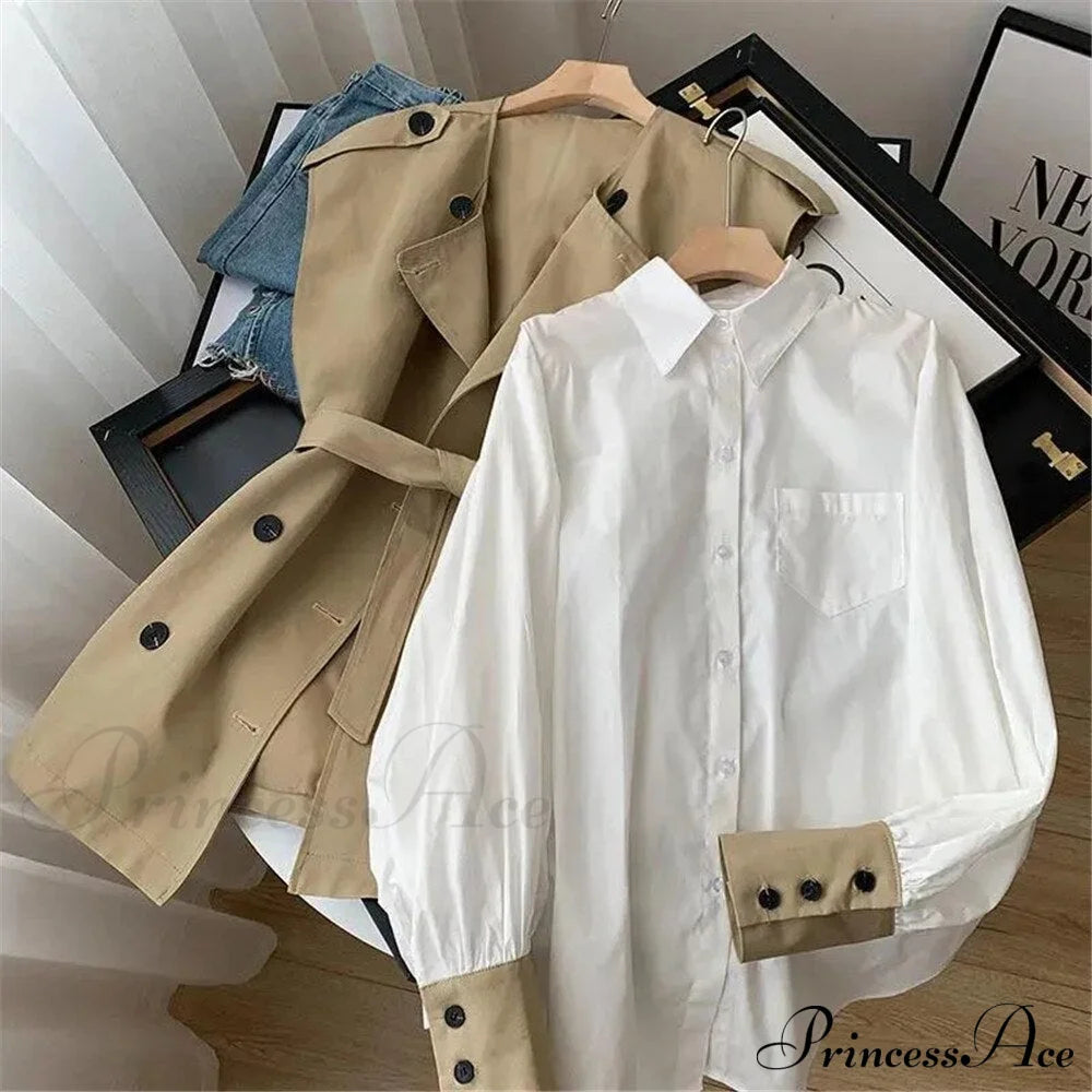 Vest White Blouse + Coat Tie Women’s Trench Waist Suit