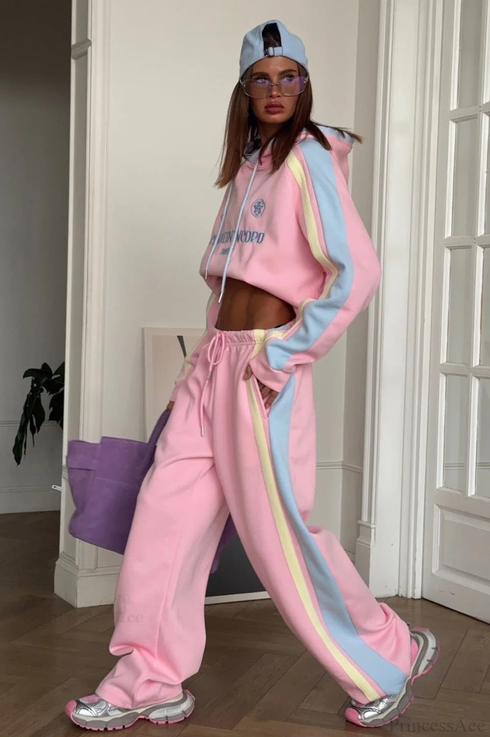 Vibrant Pink Pullover Hoodie Wide Leg Pants Two Piece Set