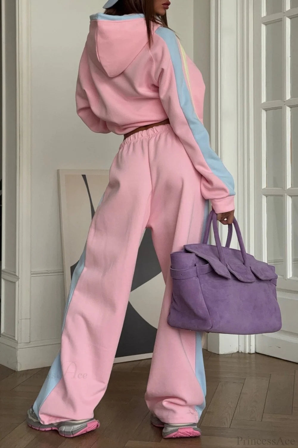 Vibrant Pink Pullover Hoodie Wide Leg Pants Two Piece Set
