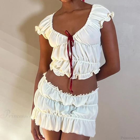 Vintage 2 Piece Set Cute Bow V Neck Ruched Crop Tops + Mini Pencil Fairycore Cottage T-shirt Y2K Kawaii Sweet Outfits