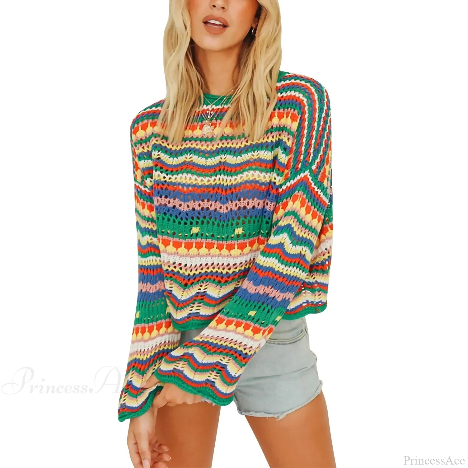 Vintage 90s Crochet Flared Sleeves Sweater Green / S