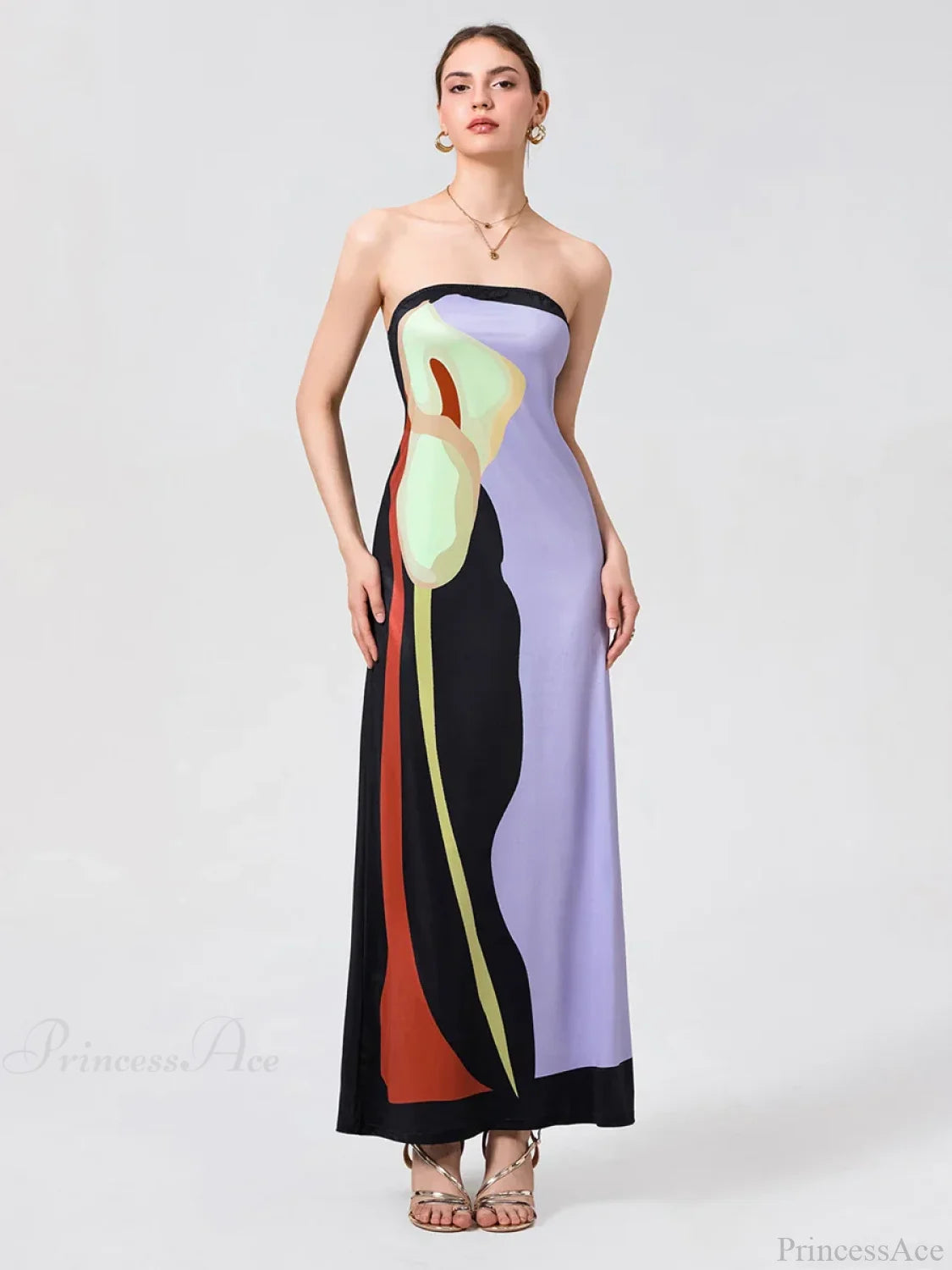 Vintage Abstract Floral Strapless Backless Loose Tube Top Floral Dress floraldress-250126