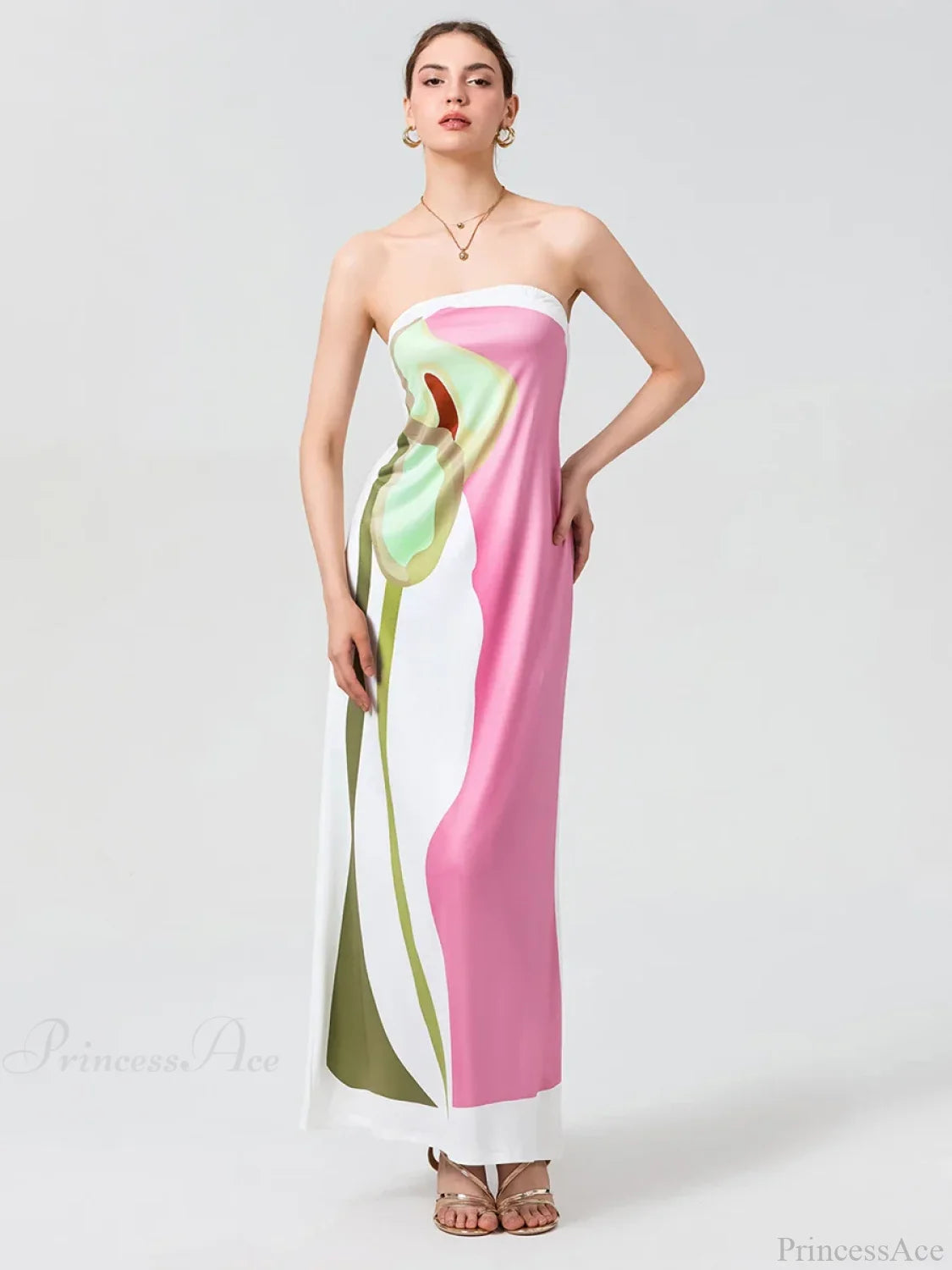 Vintage Abstract Floral Strapless Backless Loose Tube Top Floral Dress PINK2 / S floraldress-250126