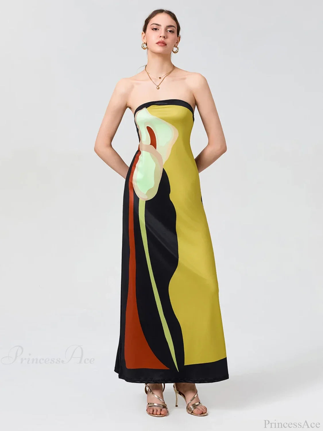 Vintage Abstract Floral Strapless Backless Loose Tube Top Floral Dress YELLOW / S floraldress-250126