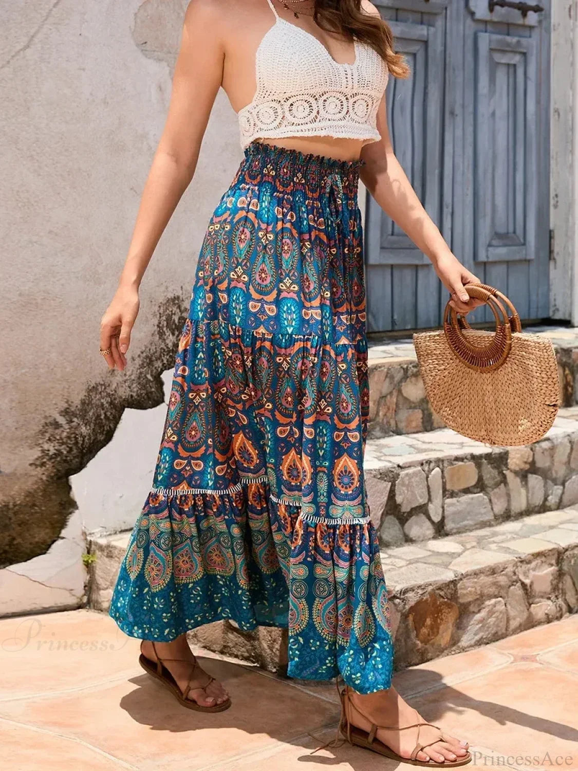 Vintage Beach Bohemian Floral Print Elastic Waist A-Line Skirt Green / S skirt-250126